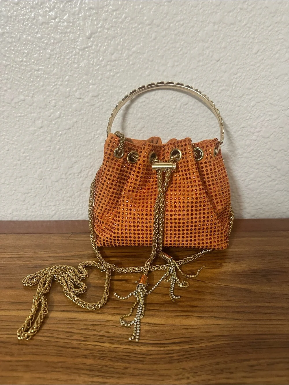 Orange Crystal-Embellished Bucket Bag with Gold Chain Handle